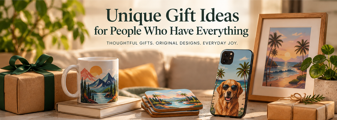 Thoughtful gift ideas featuring an illustrated mug, phone case, coasters and framed art