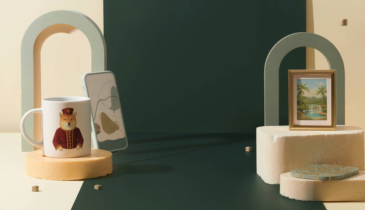 Artistic aimazing designs product display with royal canine mug, phone case and framed artwork